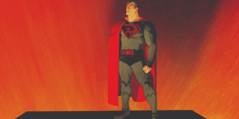Superman on the cover for DC's Red Son, standing in front of a red background in suit