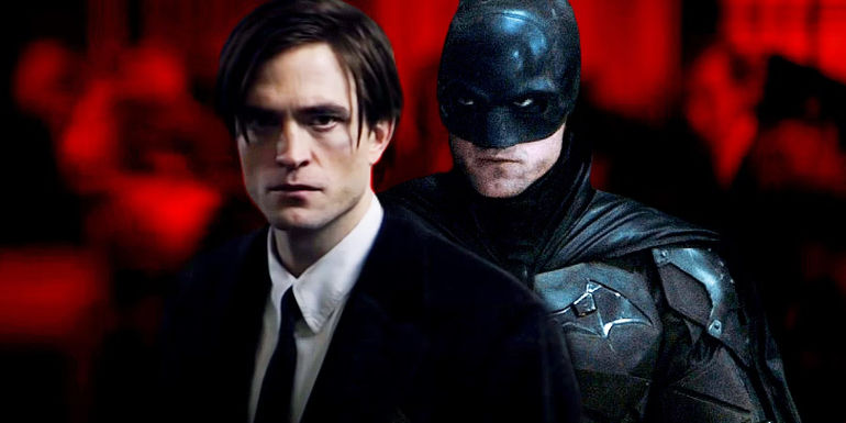 blended image with Robert Pattinson's Batman and Pattinson's Bruce Wayne from The Batman