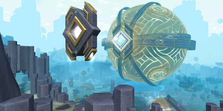 a floating golden sphere with patterns over zereth mortis from wow