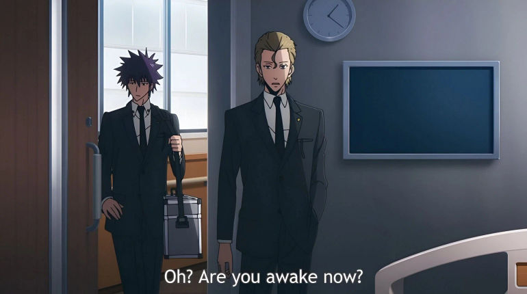 Woo Jinchul (right) entering Sung Jinwoo's hospital room (Image via A-1 Pictures)