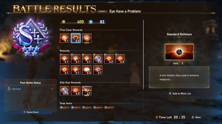 Guaranteed Standard Refinium drop in Granblue Fantasy Relink