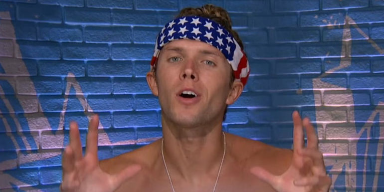 Tyler in the Diary Room in Big Brother, hands up talking.