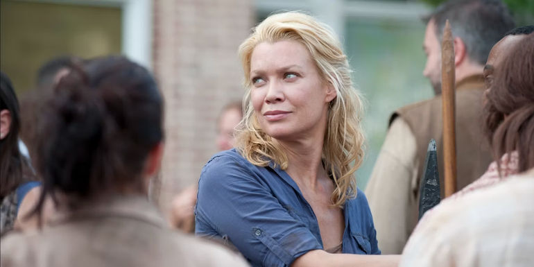 Laurie Holden as Andrea looking behind her on The Walking Dead.