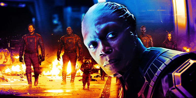 The team from Guardians of the Galaxy Vol. 3 next to the High Evolutionary