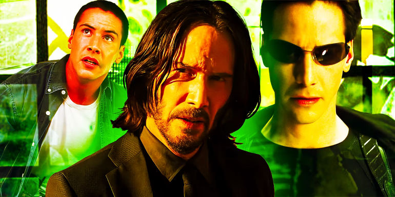 Collage of Keanu Reeves box office hits: Speed, John Wick, The Matrix
