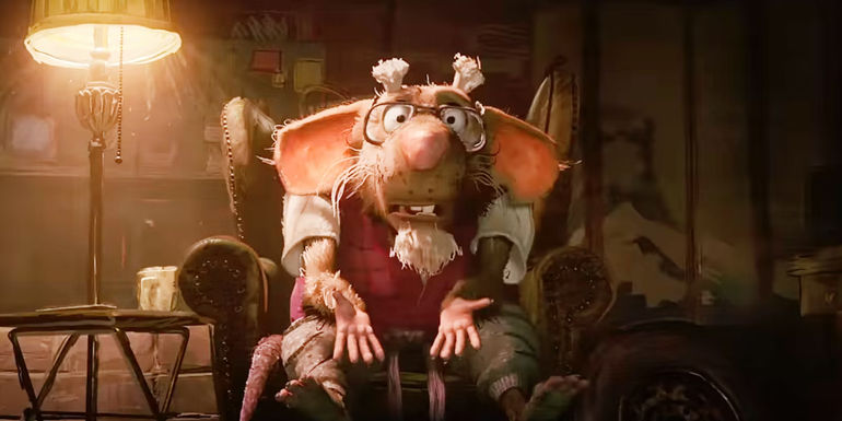 Splinter sitting and looking worried in Teenage Mutant Ninja Turtles: Mutant Mayhem