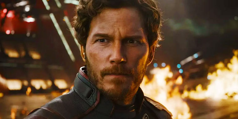 Star-Lord looking stoic in front of flames in Guardians of the Galaxy Vol. 3