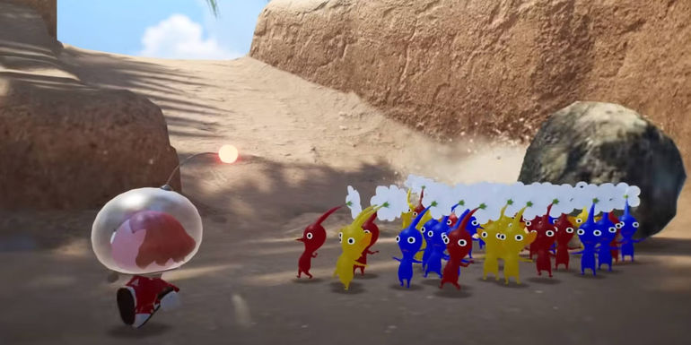 Pikmin 4 Running Away from Large Boulder with Allies