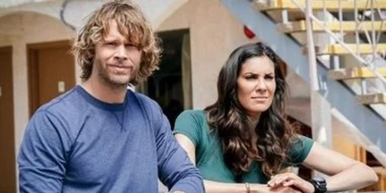 Kensi (Daniela Ruah) and Deeks (Eric Christian Olsen) standing next to each other and looking frustrated in the NCIS LA seasos finale.