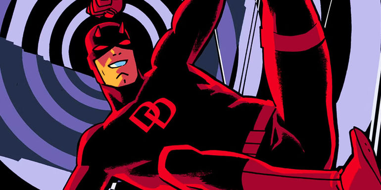 Marvel Comics' Matt Murdock in red and black Daredevil costume with DD logo
