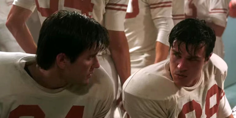 Rett Terrell as Bobby Mitchell and Finn Wittrock as Freddie Steinmark in My All American.