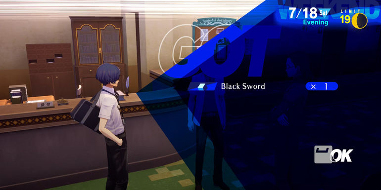 Image of the main character receiving a Black Sword in Persona 3 Reload