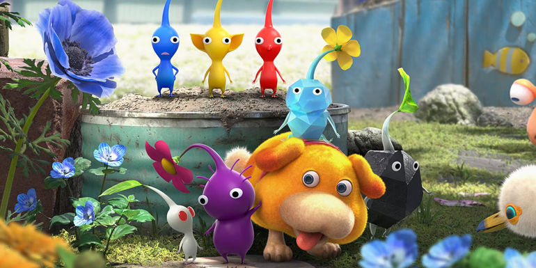 Every Pikmin Type from Pikmin 4 posing together with Oatchi, except for Winged Pikmin off-screen.