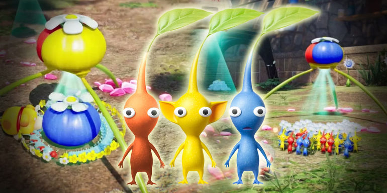 A collection of images and buds in the background from Pikmin 4