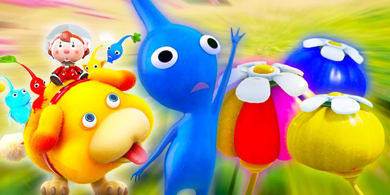 A blue Pikmin with different onions in the background from Pikmin 4