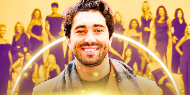 The Bachelor's Joey Graziadei with The Golden Bachelor women behind him