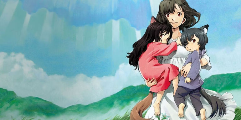 Hana carries her two children in Wolf Children