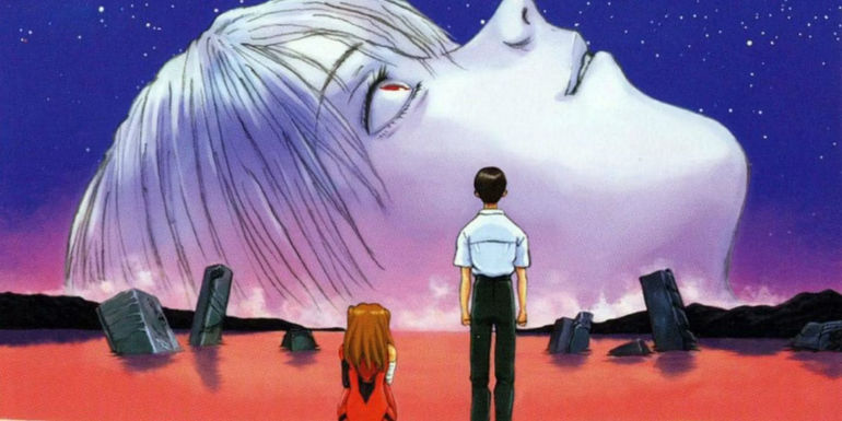 End of Evangelion Poster Featuring Shinji & Asuka Looking at a Giant Rey