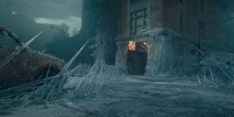 The Ghostbusters firehouse surrounding by ice and icicles.
