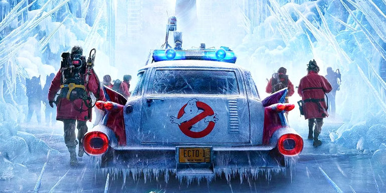 Ghostbusters: Frozen Empire poster showing the back of the Ecto-1 with Ghostbusters walking off into a frozen New York City.