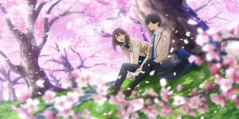Sakura and Haruki sit under a cherry blossom tree from I Want To Eat Your Pancreas.