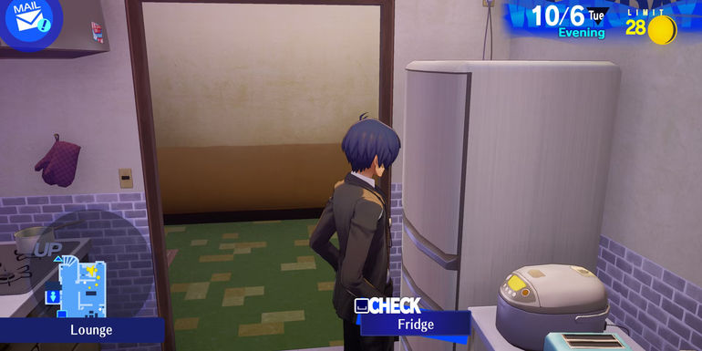 Image of the main character checking the fridge in the kitchen in Persona 3 Reload