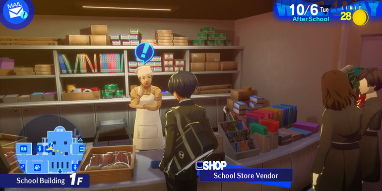 Image of the main character visiting the School Store Vendor in Persona 3 Reload
