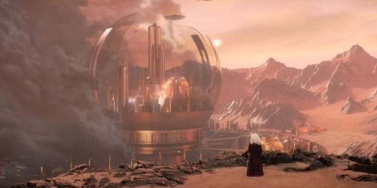 Leela looking at the Citadel in a Doctor Who short from the BBC