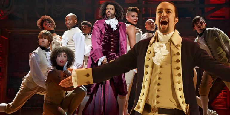 Thomas Jefferson and Hamilton's company with Lin Manuel Miranda singing as Alexander Hamilton