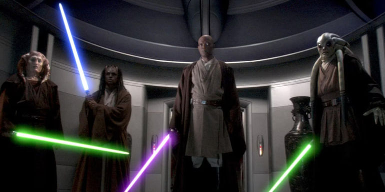 Mace Windu with three other Jedi in Star Wars: Revenge of the Sith.