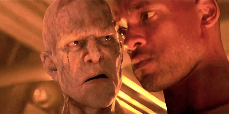 The Alpha Male (Dash Mihok) Darkseeker stares closely at Neville (Will Smith) in the alternate ending of I Am Legend.