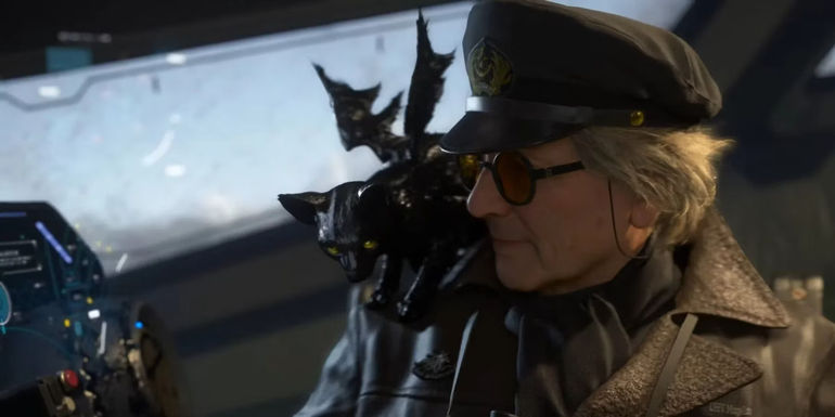 A screenshot of George Miller's character and his pet cat creature in Death Stranding 2.