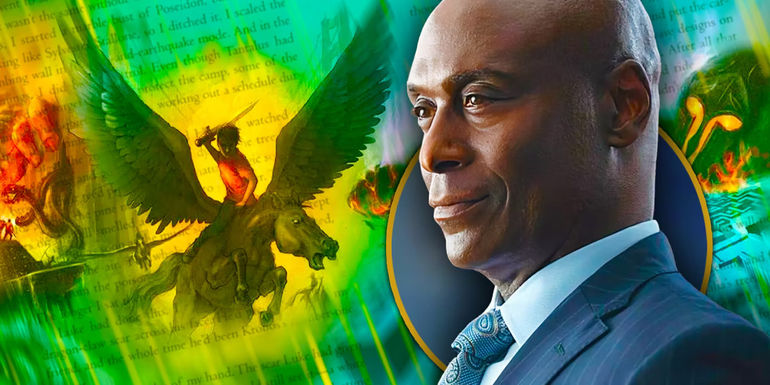 Edited image of Lance Reddick in Percy Jack with book artwork of percy on a pegasus