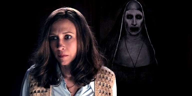 Lorraine Warren with a painting of The Nun in the background in The Conjuring 2
