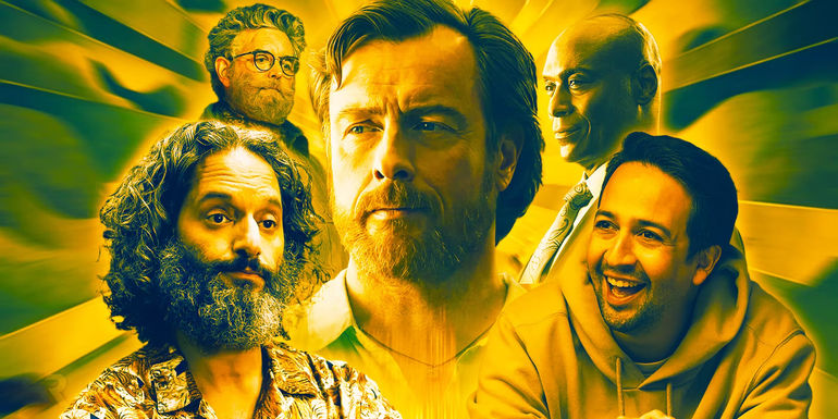 Jason Mantzoukas as Dionysus, Timothy Odmundon as Hephaestus, Toby Stephens as Poseidon, Lance Reddick as Zeus, and Lin-Manuel Miranda as Hermes in Percy Jackson and the Olympians on Disney+.
