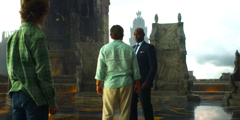 Poseidon Zeus and Percy in the throne room on Olympus in Percy Jackson and the Olympians