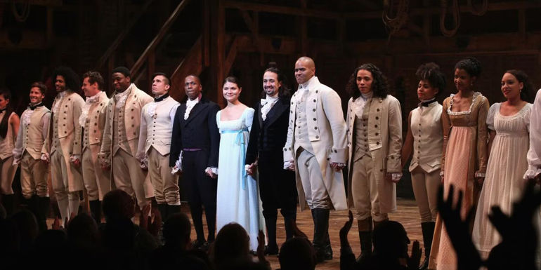 The cast lined up to take their bow at the end of Hamilton