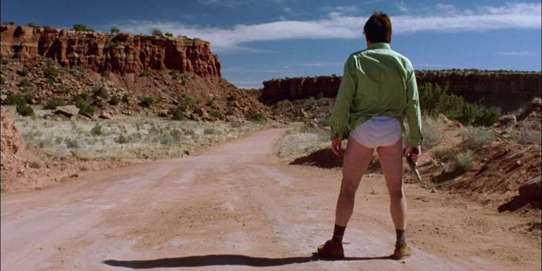 Walter White in a green shirt and white underwear during Breaking Bad pilot