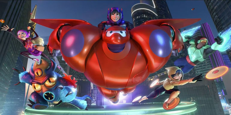 Baymax flies with the rest of his team in Big Hero 6