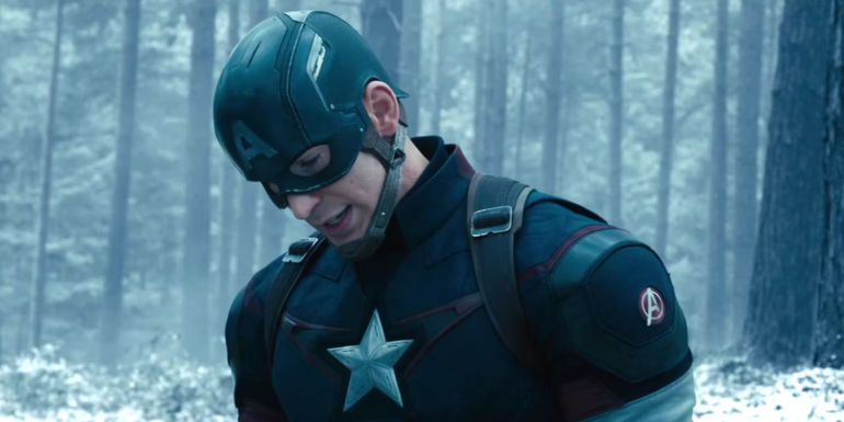 Chris Evans as Captain America looking disappointed in Avengers: Age of Ultron
