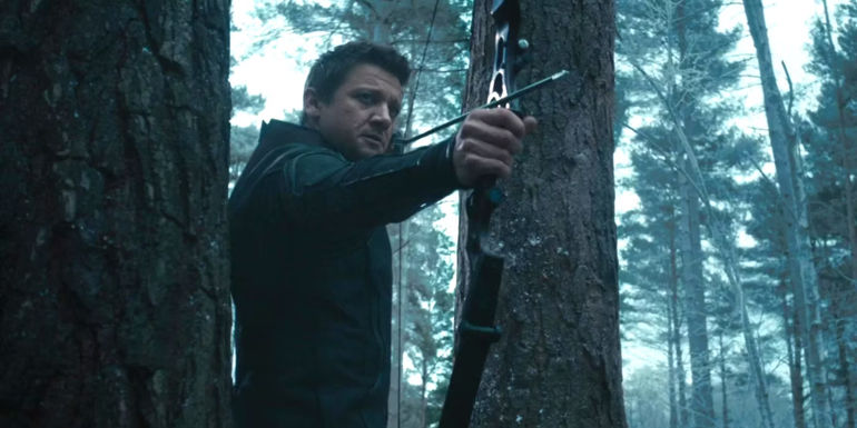 Jeremy Renner as Hawkeye wearing his new suit in Avengers: Age of Ultron 