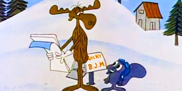Rocky and Bullwinkle in the original show as they stand talking in a snowy environment