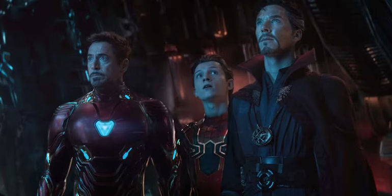 Iron Man (Downey Jr.), Spider-Man (Holland) and Dr. Strange (Cumberbatch) aboard a Black Order ship in Avengers: Infinity War
