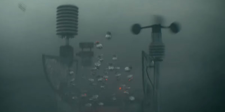 A shot of the Dorothy sensor capsules flying in a tornado in Twisters