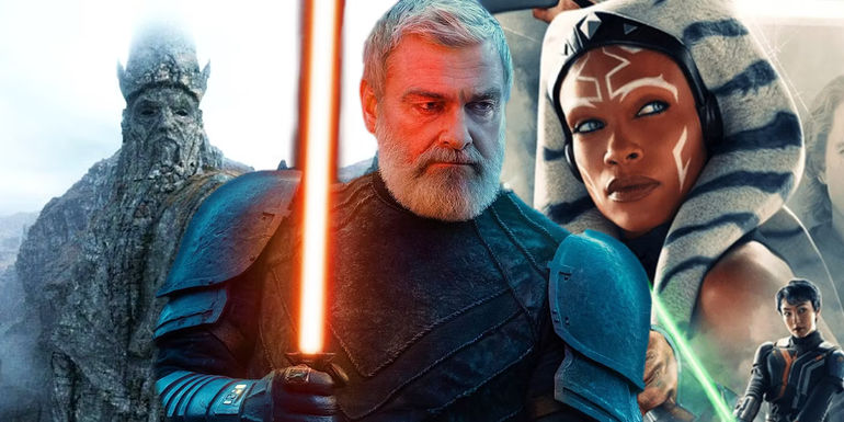 Baylan's character poster between Ahsoka season 1's poster and a statue of the Father on Peridea