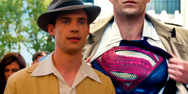 David Corenswet in Hollywood in a crowd and Henry Cavill's Superman revealing the S emblem