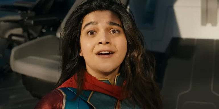 Iman Vellani as Ms. Marvel looking shocked in the Marvels