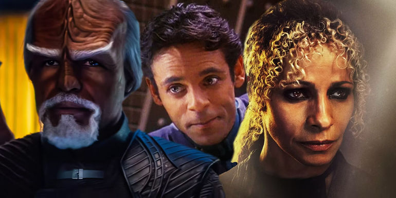 Michael Dorn as Worf, Alexander Siddig as Bashir, and Michelle Hurd as Raffi