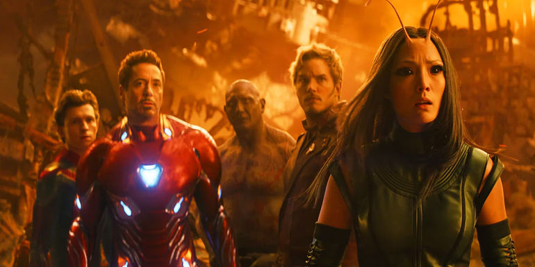 Spider-Man, Iron Man, Drax, Star-Lord and Mantis on Titan in Avengers Infinity War