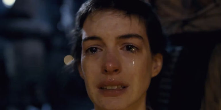 Fantine (Anne Hathaway) crying in Les Miserables.